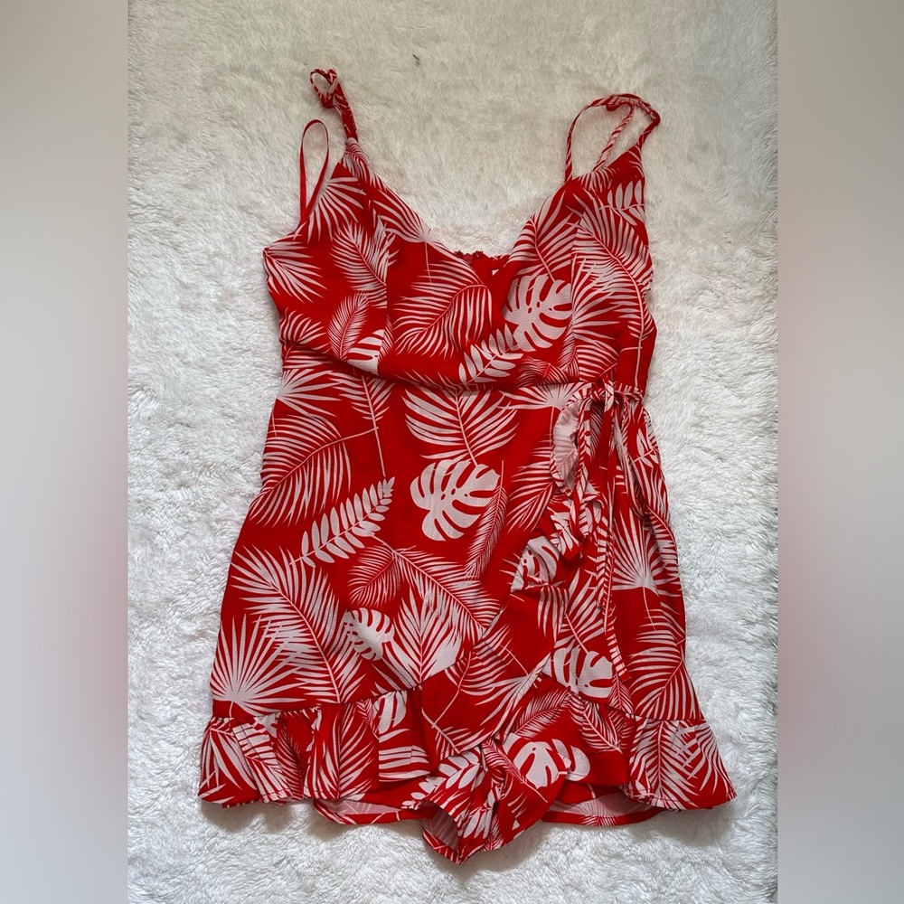 Red and white tropical romper dress